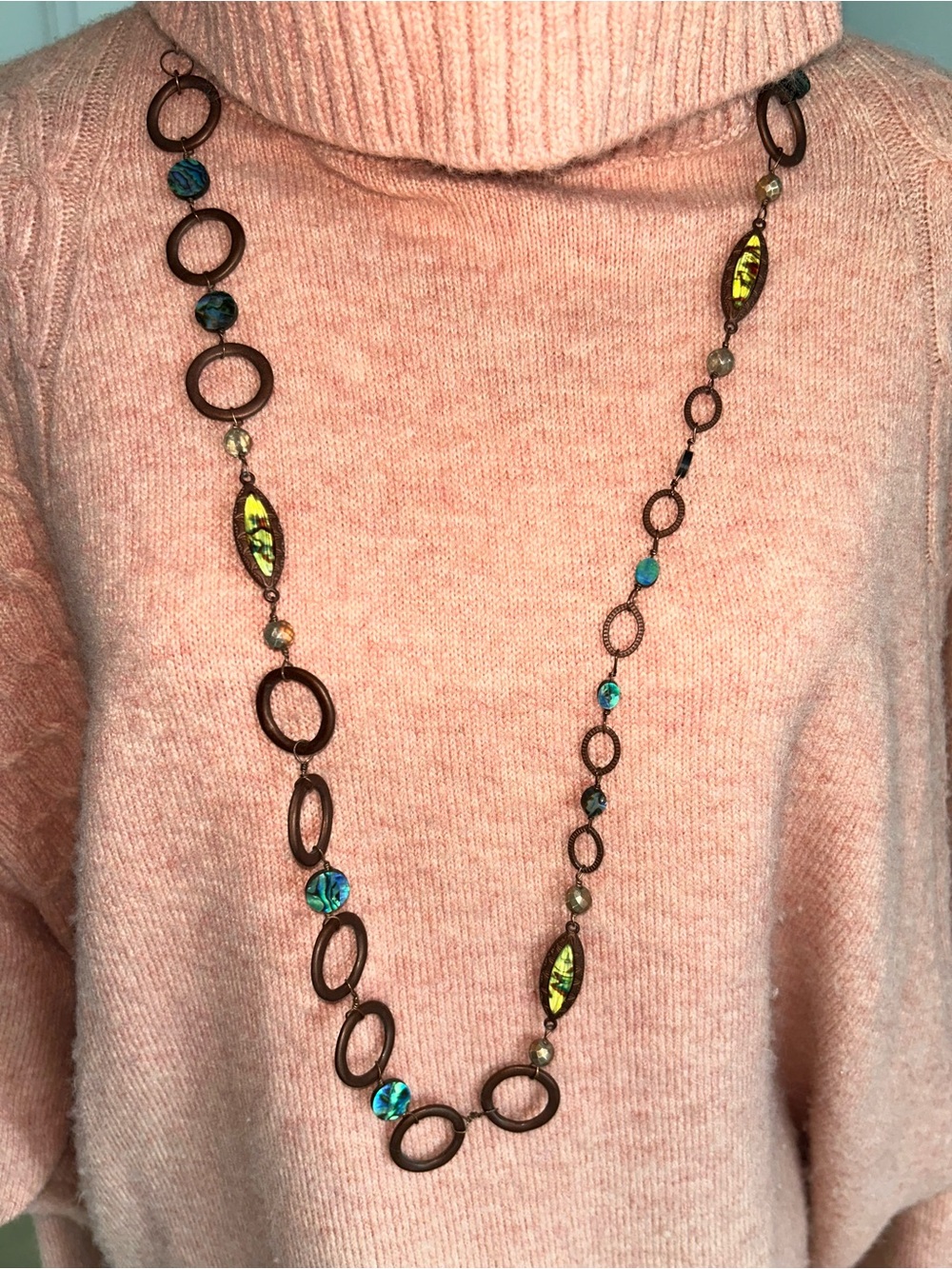 Brown Ring & Iridescent Bead Long Necklace Coldwater Creek